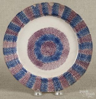 Blue and purple rainbow spatter plate, 19th c., 9 1/2'' dia.
