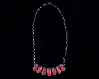 Signed Navajo Sterling & Coral Gemstone Necklace