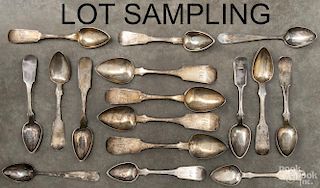 Coin silver spoons, 19th c., of various makers, to include Ladomus, C. Parker, McKeen, J. Naile
