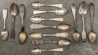 Coin silver serving spoons, 19th c., to include examples by Simmons, Curtis, Reed, Dupree