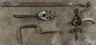Three wrought iron thumb latches, ca. 1800, largest - 8 1/2'' h.