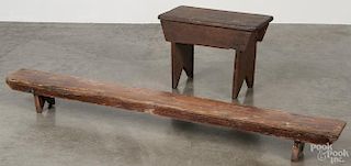 Pine kneeler, 5 1/2'' h., 54 1/4'' w., together with a foot stool, 13 1/2'' h., 18 1/2'' w.