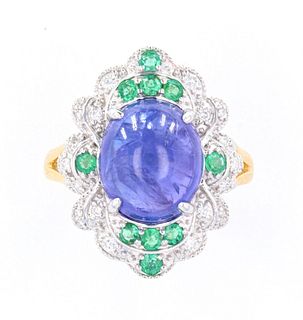 Tanzanite (7.28ct) Emerald & Diamond 18K Ring