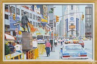 Matthew Popielarz (American 20th c.), oil on canvas New York street scene, signed lower right