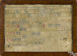Silk on linen motto sampler, early 19th c., 5 1/4'' x 7 1/2''.