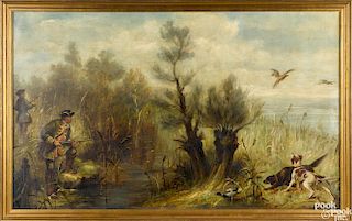 Oil on canvas hunt scene, early 20th c., 26'' x 43''.