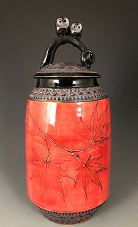 Double Owl Jar with Japanese Maple in Poppy