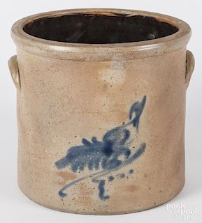 Two-gallon stoneware crock, 19th c., with cobalt bird decoration, 9 1/2'' h.