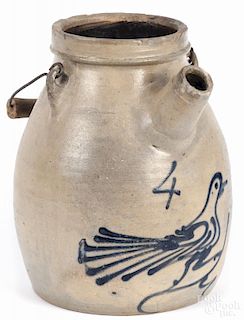 Stoneware batter jug, 19th c., probably New York, with cobalt bird decoration, 9 3/4'' h.