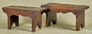 Diminutive pine stool, 19th c., 8'' h., 15'' w., together with a walnut stool, 7 1/2'' h., 14'' w.