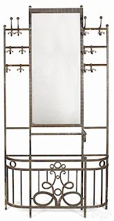 Arts and Crafts style iron hall tree, 85 1/2'' h., 43'' w.