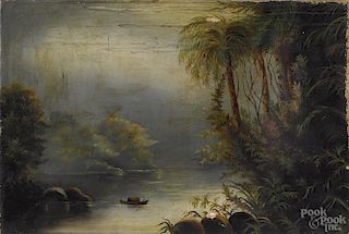 Primitive oil on canvas tropical landscape, late 19th c., 20'' x 30''.