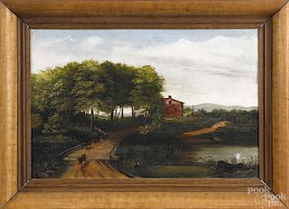 American oil on board landscape, late 19th c., with a farmhouse, 12'' x 18''.