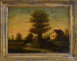 American primitive oil on canvas landscape, late 19th c., 12'' x 16''.