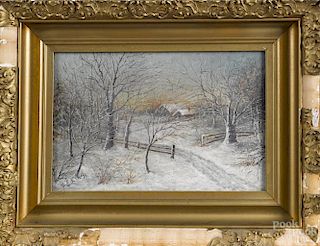 American oil on canvas winter landscape, late 19th c., signed F. E. King, 8'' x 12''.