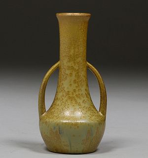 Arts & Crafts Two-Handled Yellow Crystalline Vase c1910s