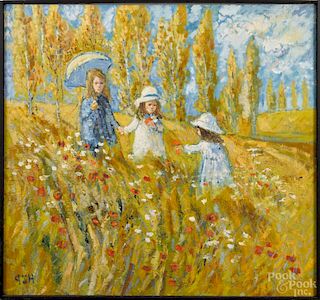 Oil on canvas landscape, mid 20th c., with three children, initialed lower left, 31'' x 32 1/2''