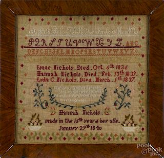 Wool on linen sampler, dated 1840, wrought by Hannah Nichols