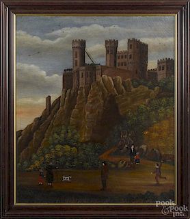 Primitive oil on canvas landscape, late 19th c., with a castle, 34 1/2'' x 29 1/2''.