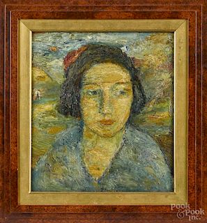 Jennings Tofel (American 1891-1959), oil on board, titled Helen, unsigned with a paper label verso