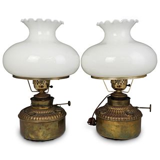 Pair Of Brass Opaline Oil Lamps
