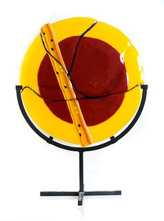 Large Fused Glass Disc on Stand, Signed