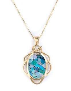 14K Yellow Gold Mosaic Opal Pendant Necklace