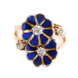 14K YG Blue Enamel & Diamond Floral Ring