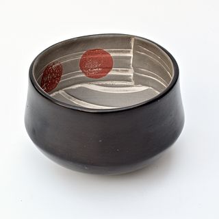 Smoke Fired Bowl with Lines and Red Dots