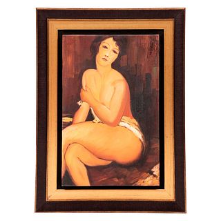 "Desnudo sentado en un diván". Reproducción de la obra de Amedeo Modigliani. Óleo sobre lienzo. Con marco.