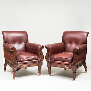 Pair of Regency Style Mahogany and Leather Upholstered Armchairs
