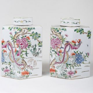 Pair of Large Famille Verte Porcelain Hexagonal Shaped Tea Caddies and Covers