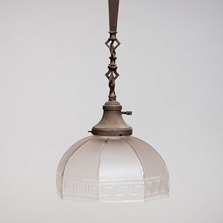 Arts and Crafts Style Metal Hanging Lamp with an Octagonal Glass Shade