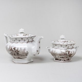 Brown Transfer Ridgway Teapot and Sugar Bowl in the 'Columbia Star' Pattern