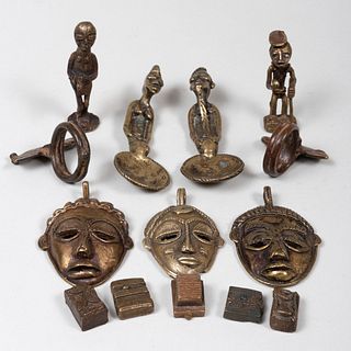 Group of African Cast Metal Pendant Masks and Ethnographica