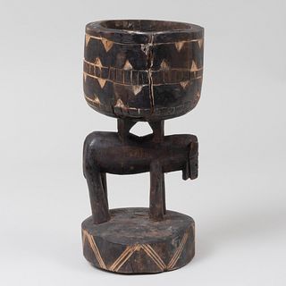 African Carved Wood Figural Bowl on Stand