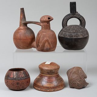 Four Pre-Columbian Style Pottery Vessels and a Sculpture Fragment