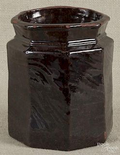 Octagonal, grain-glazed redware canister, 19th c., 7 1/4'' h.