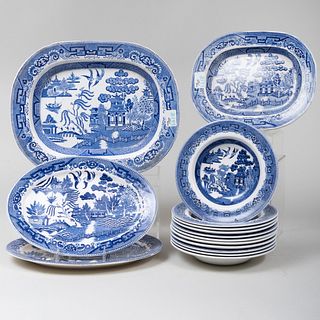 Set of Eleven Johnson Brothers Blue and White Transfer Printed Soup Plates and a Group of Trays the 'Blue Willow' Pattern