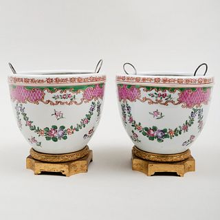Pair of Chinese Export Style Porcelain Gilt-Metal-Mounted Jardinières