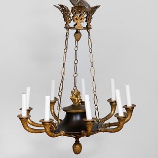 Empire Style Gilt-Bronze Ten-Light Oil Lamp Form Chandelier 