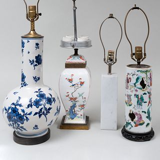 Group of Two Chinese Porcelain Vessels Mounted as Lamps and Another Lamp, Possibly Samson