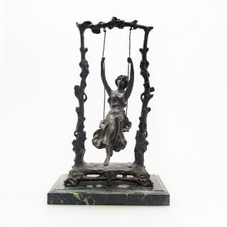 Vintage Bronze Sculpture, Girl On Swing, Ana Moreau