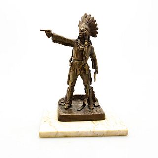 Bronze Sculpture, Indian Chief With Tomahawk And Pistol
