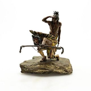 Vintage Bronze Sculpture, Native American Indians At Dawn