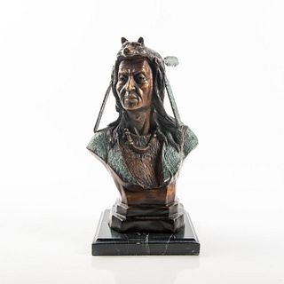 Bronze Study Of Indian Chief Bust W/ Bearskin Headdress
