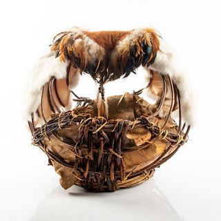 Handwoven Native American Basket With Fur + Feathers