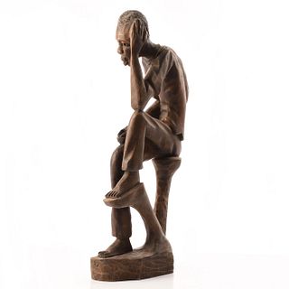 African Wooden Figure, Man Sitting, Head Resting On Hand