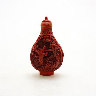 Chinese Vintage Cinnabar Style Resin Snuff Bottle, Garden