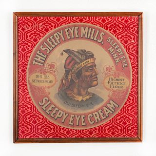 Framed Sleepy Eye Mills Cream Barrel Adversting Label